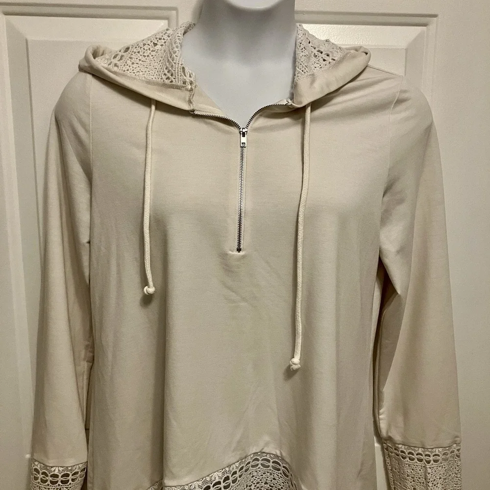 Venus Sz Large Ivory Off White Embroidered Hooded Swimsuit Cover Up Top 1/4‎ Zip